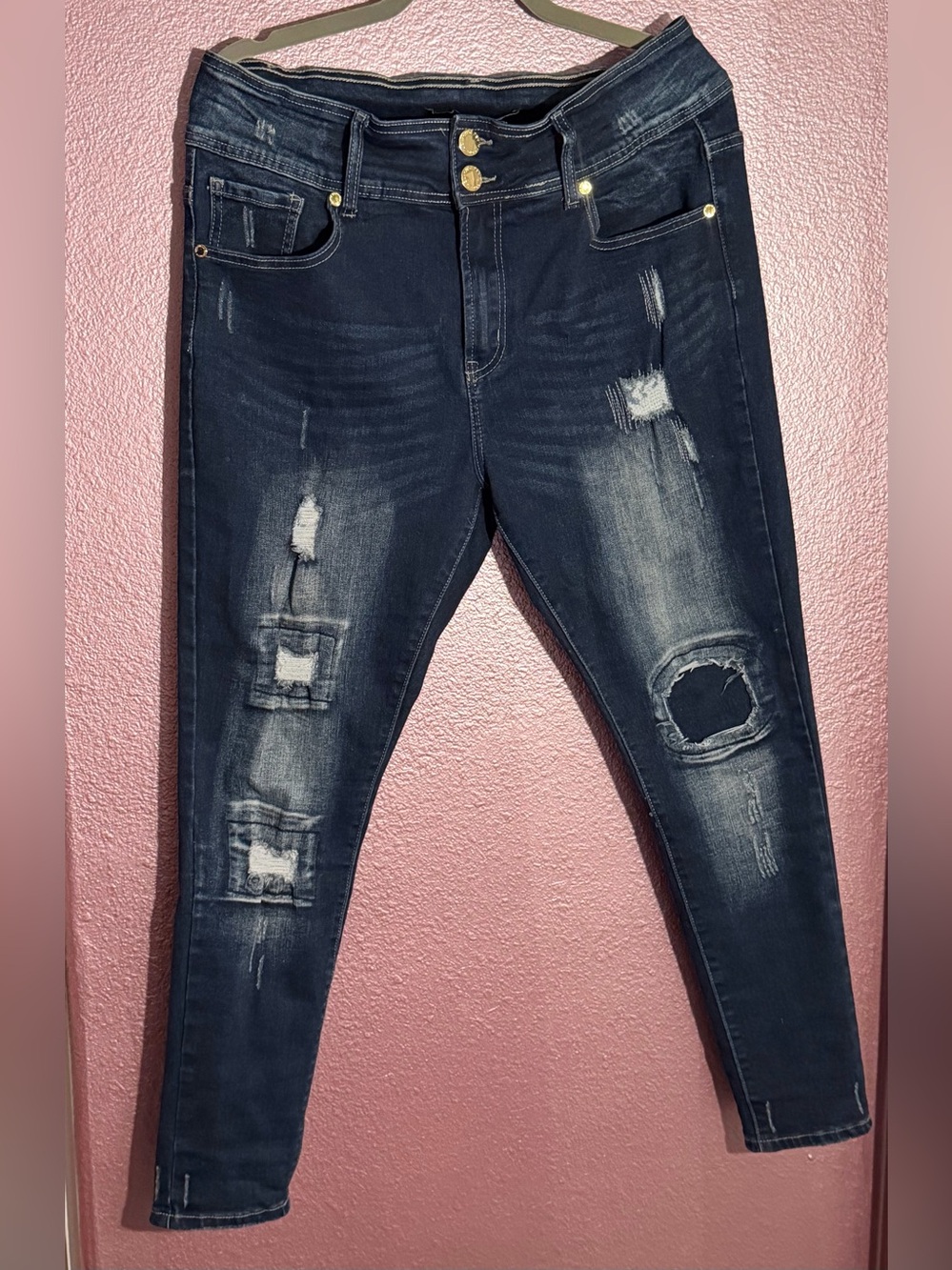 City Chic High-Rise Skinny Ripped Jeans in Dark Blue